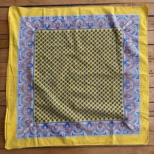 Vintage Yellow Blue and White Bandana 100% Cotton Paisley Salvaged Edge 60s 70s
